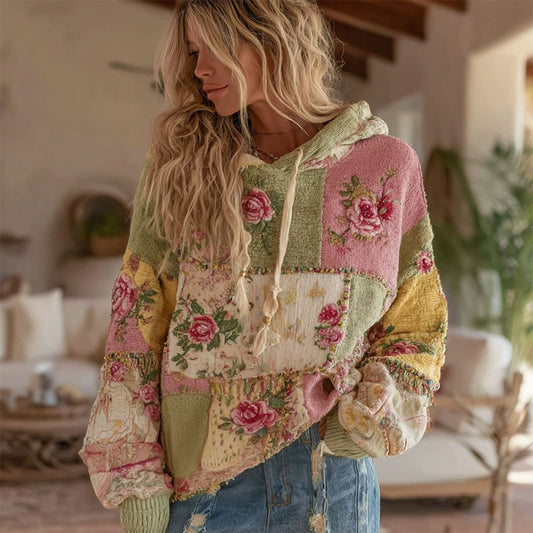 Women's Vintage Floral Patchwork Art Knit Jacquard Hooded Sweater artswardrobe
