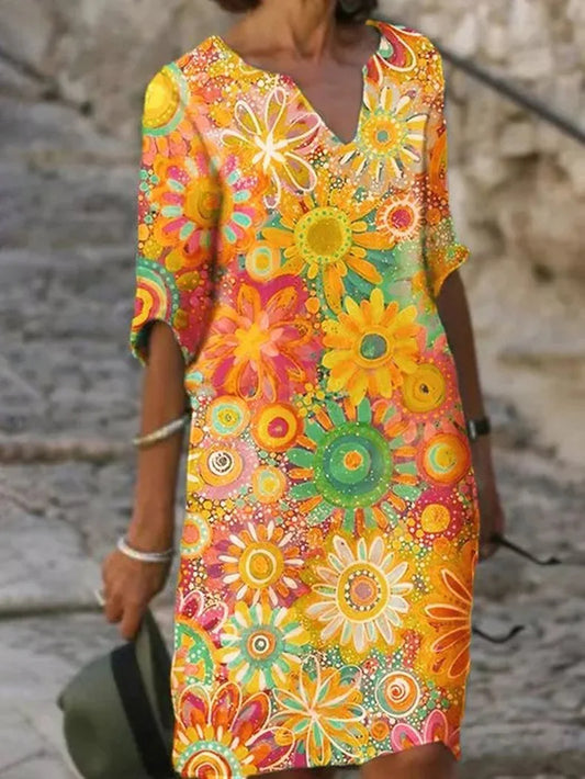 LM | Midi dress with V-neck and floral pattern