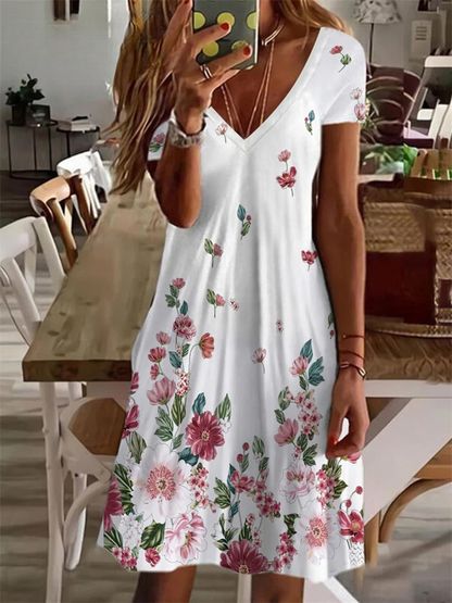 LM | Women's Sundress Midi Dress Short Sleeve Floral Print Summer Casual V Neck Loose Dresses Plus Size 2024 Women's Clothing Vestidos