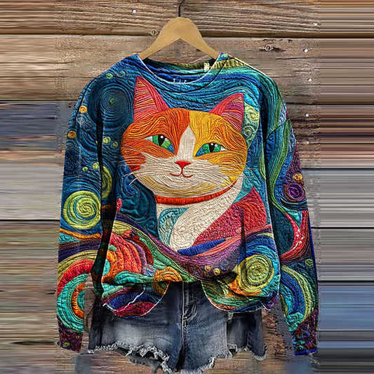 Abstrct Cat Art Print Casual Sweatshirt elevenforest