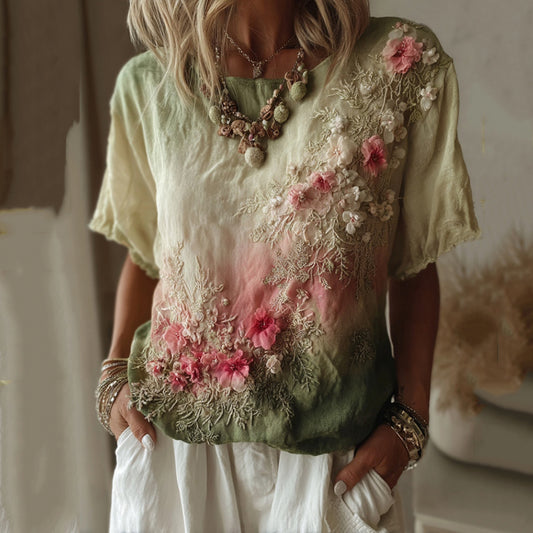 Vintage Floral Gradient Pattern Linen Comfy T-shirt artswardrobe