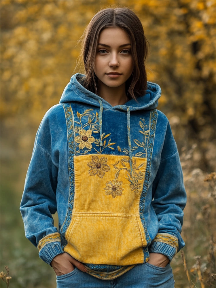 Comstylish Ukraine Ethnic Floral Embroidered Contrast Color Washed Hoodie