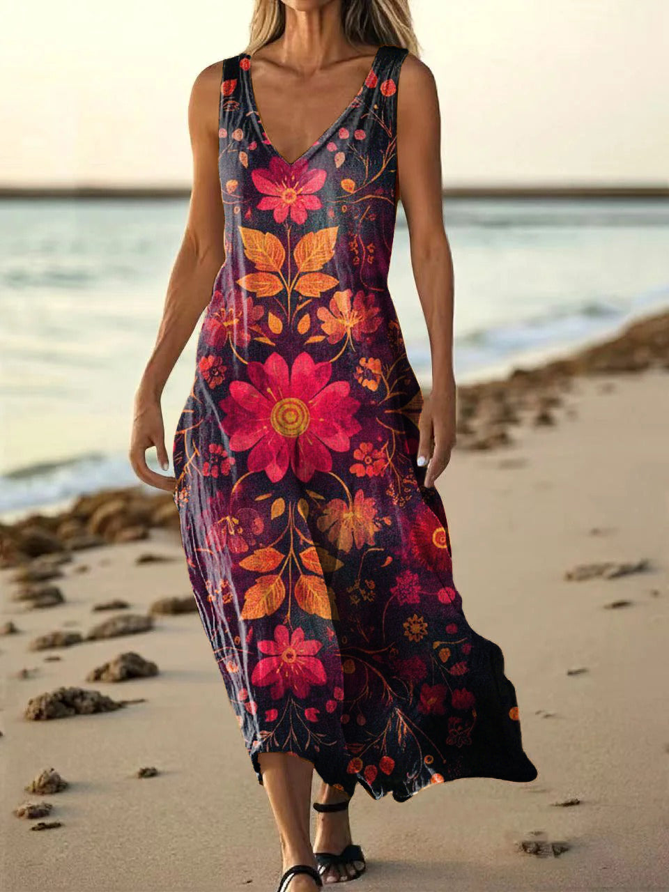 Women's Floral Art Print Pocket Cotton Dresses