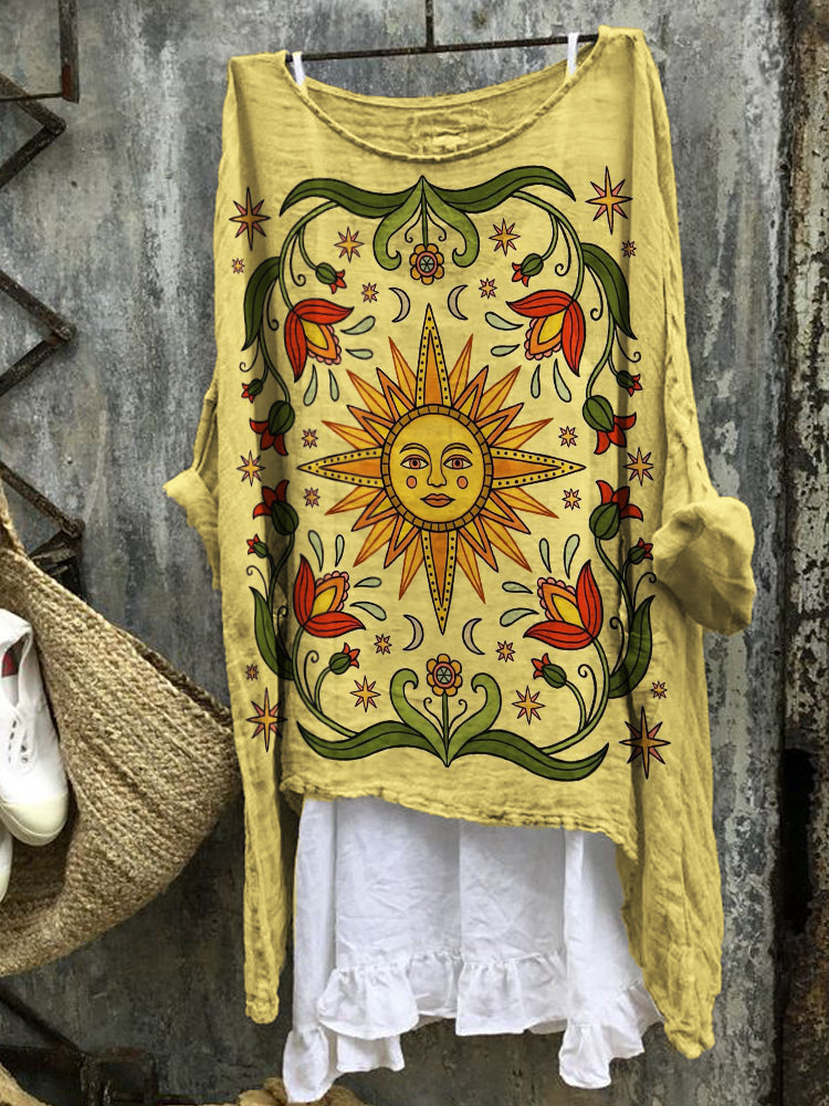 Vintage Litha Sun Floral Pattern Linen Tunic artswardrobe