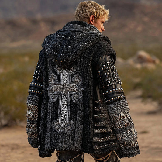 Men's Dark Style Cross Inspired Knitted Cozy Zipper Up Hooded Cardigan artswardrobe