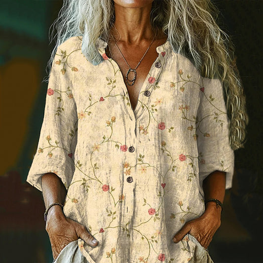 Women's Vintage Floral  Art Print Casual Cotton And Linen Shirt artswardrobe
