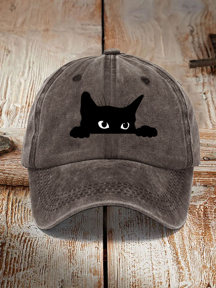 Comstylish Unisex Washed Cotton Bend Casual Black Cat Print Hat