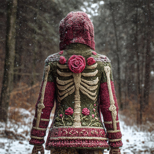 Comstylish Vintage Floral & Skeleton Art Women's Knit Hooded Sweater