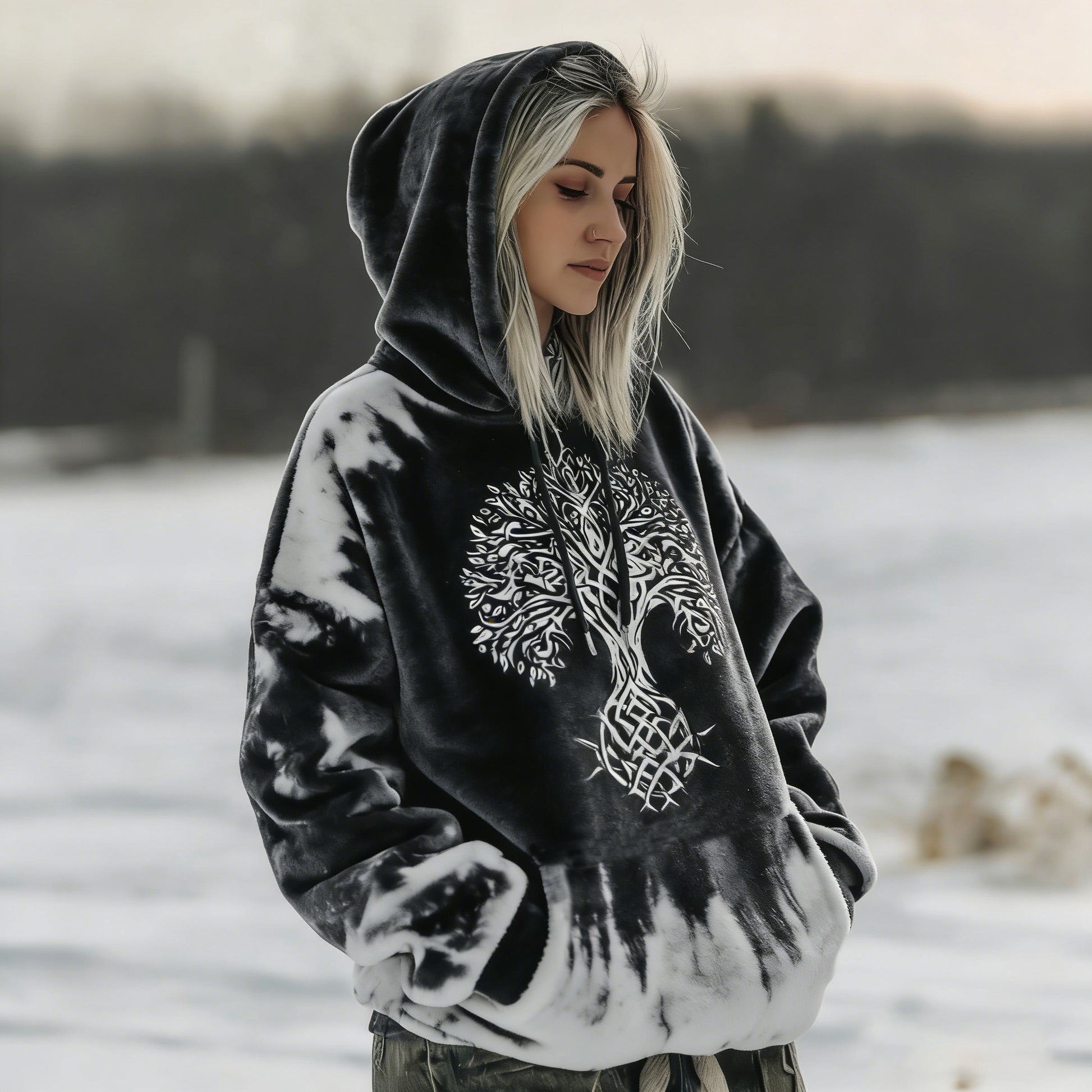 Comstylish Women's Retro Celtic Tree Of Life Color Block Hoodie