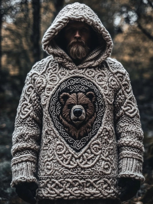 Men's Viking Bear Inspired Celtic Chunky Hooded Sweater artswardrobe