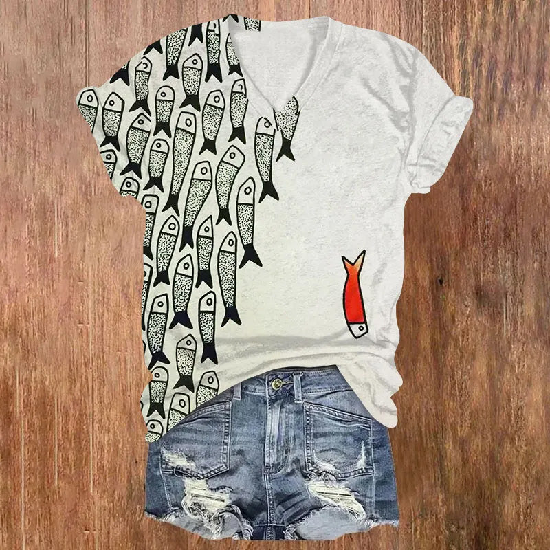 Comstylish Cute Simple Lines Abstract Geometric Fish Art Print V-neck T-shirt