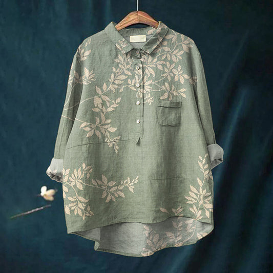 Comstylish Floral Print Lapel Loose Linen Blend Shirt