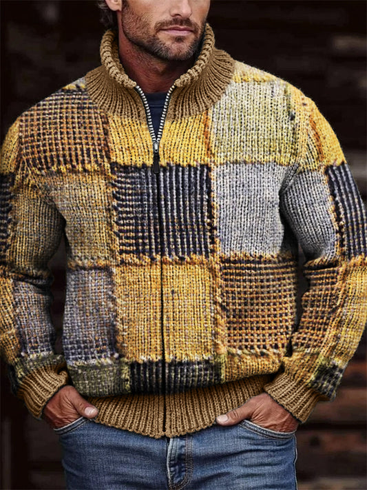 Men's Retro Colorblock Patchwork Stitched Cozy Zip Cardigan artswardrobe