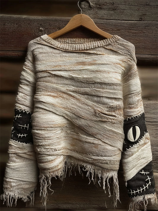 Halloween Spooky Peeking Mummy Bandages Cozy Knit Sweater elevenforest