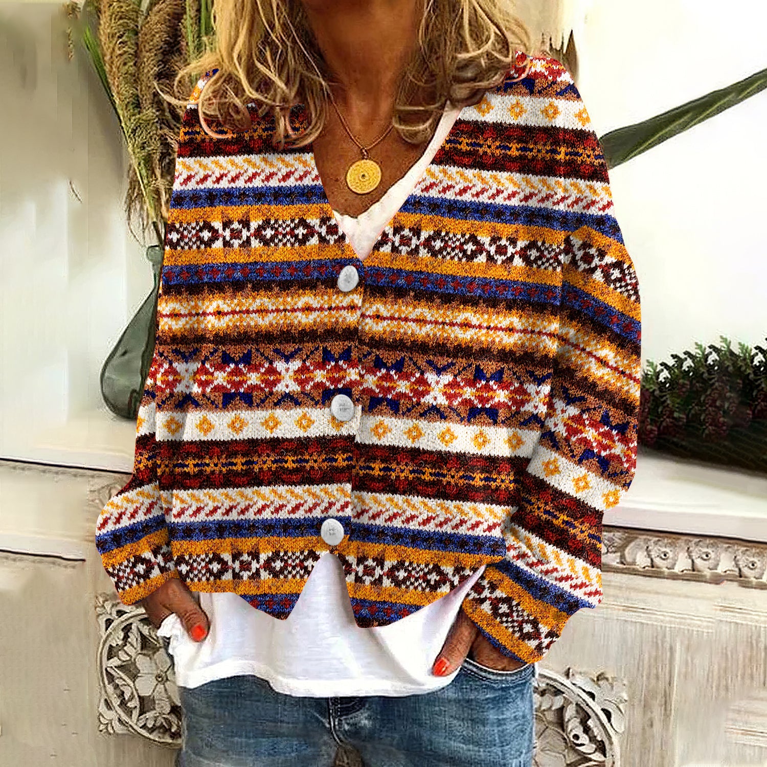 Vintage Stripes Icelandic Pattern V Neck Cozy Button Sweater elevenforest