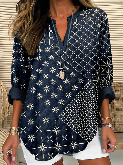 Comstylish Japanese Sashiko Art Linen Blend Cozy Shirt