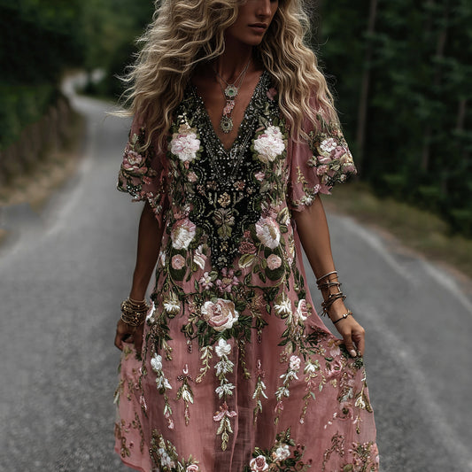 Women's Vintage Romantic Pink Rose Embroidery Art Comfy Linen Midi Dress artswardrobe