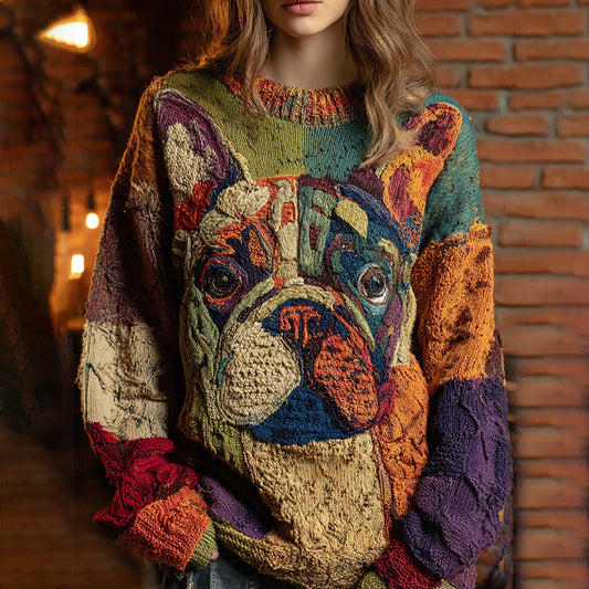 Vintage Classic Patchwork Lovely Cute Pug French Bulldog Inspired Cozy Knit Sweater elevenforest