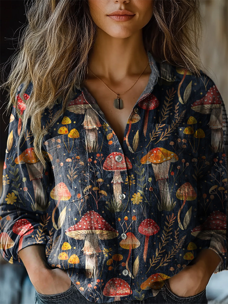 Women's Vintage Mushroom Art Print Long Sleeve Comfortable Cotton Shir