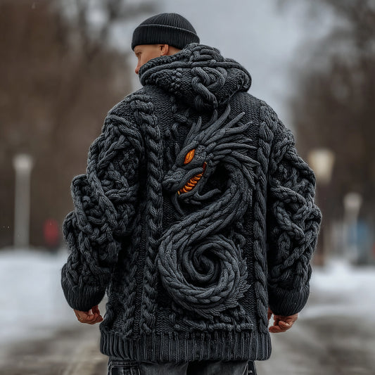 Men's Viking Celtic Dragon Knit Long Zip Hooded Sweater artswardrobe