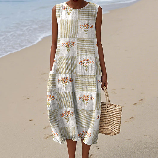 Vintage Floral Stripe Print Crew Neck Dress artswardrobe