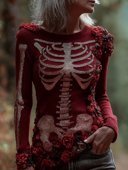 Women's Halloween Skeleton Flower Red Edge Round Neck Sweater artswardrobe