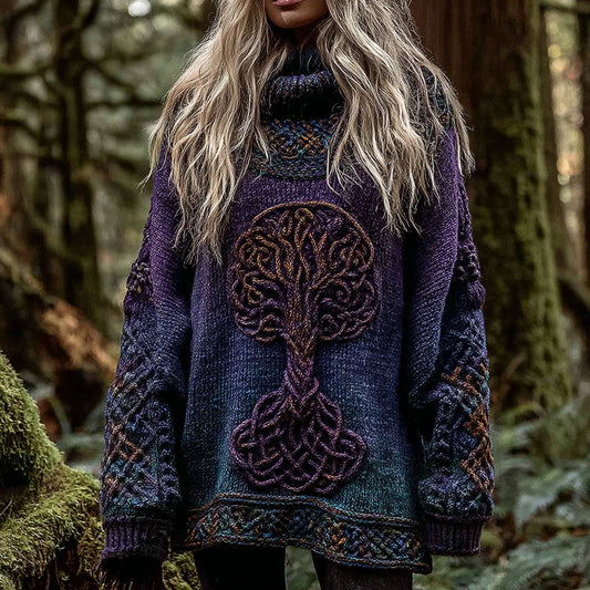 Women's Viking Tree Of Life With Celtic Knot Art Gradient Turtleneck Cozy Knit Sweater elevenforest