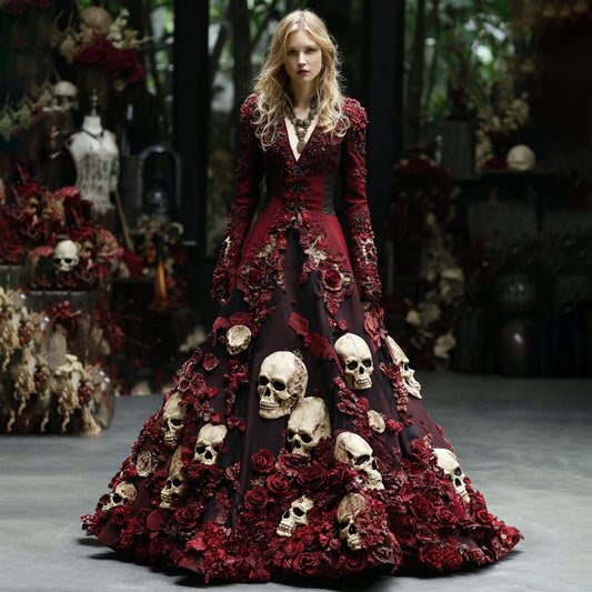 Comstylish Women's Retro Skull Flower Pattern V-neck Long Sleeve Maxi Dress