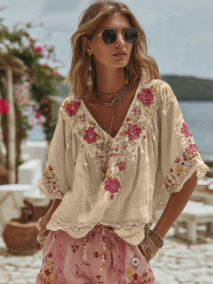 Women's Vintage Floral Art Linen Comfy Shirt artswardrobe