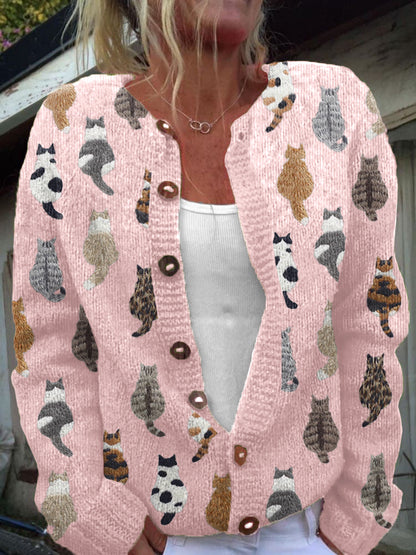 Comstylish Cute Cats Embroidery Pattern Cozy Knit Cardigan