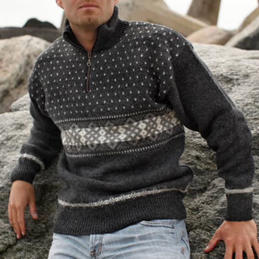 Vintage Warmth Classic Knit Jacquard Icelandic Half Zip Collar Sweater（Unisex ） elevenforest