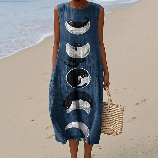 Women's Goodnight Cat Print Linen Tank Midi Dress elevenforest