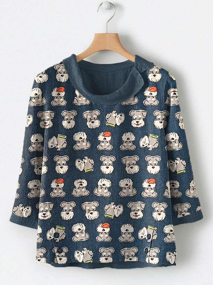 Comstylish Lively Schnauzer Dog Art Print Linen Blend Shirt