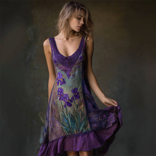 Purple Irises Embroidered Lace Patchwork Flowy Linen Dress artswardrobe