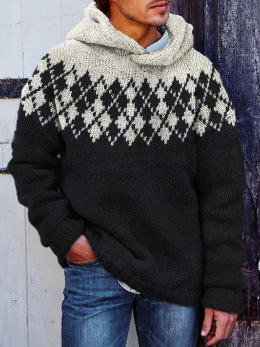 Men's Retro Argyle Yoke Contrast Color Cozy Knit Hooded Sweater artswardrobe