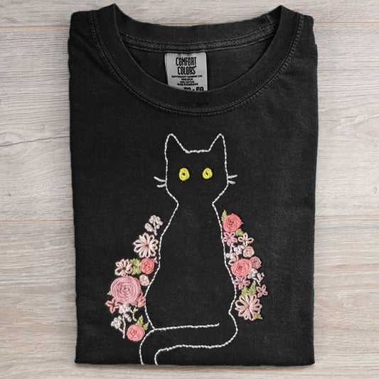 Pink Floral Black Cat Embroidered Comfy T Shirt elevenforest