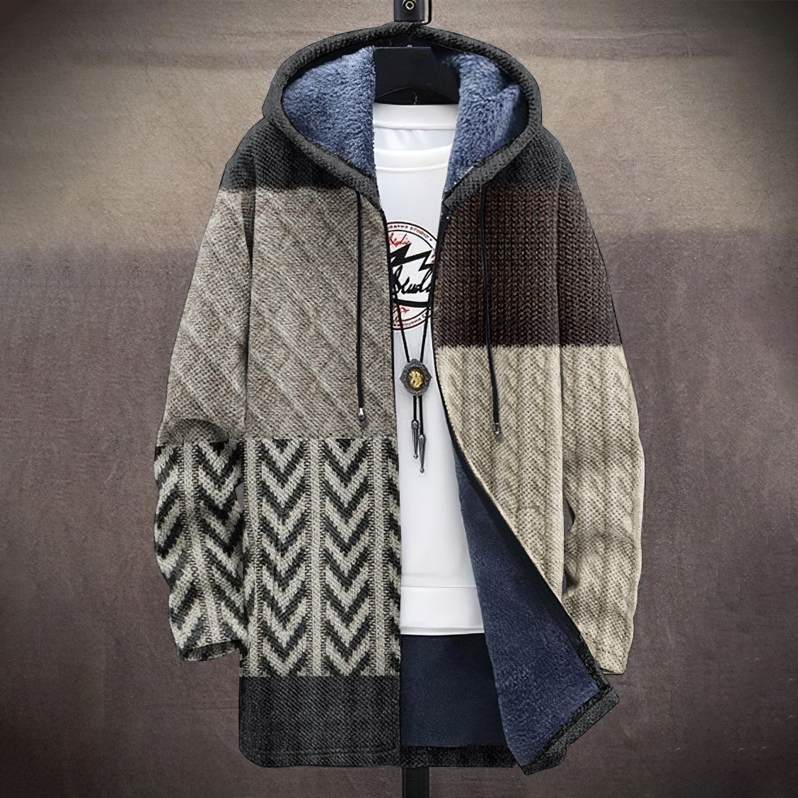 Men's Vintage Patchwork Knitted Pattern Comfortable Plush Hooded Coat elevenforest