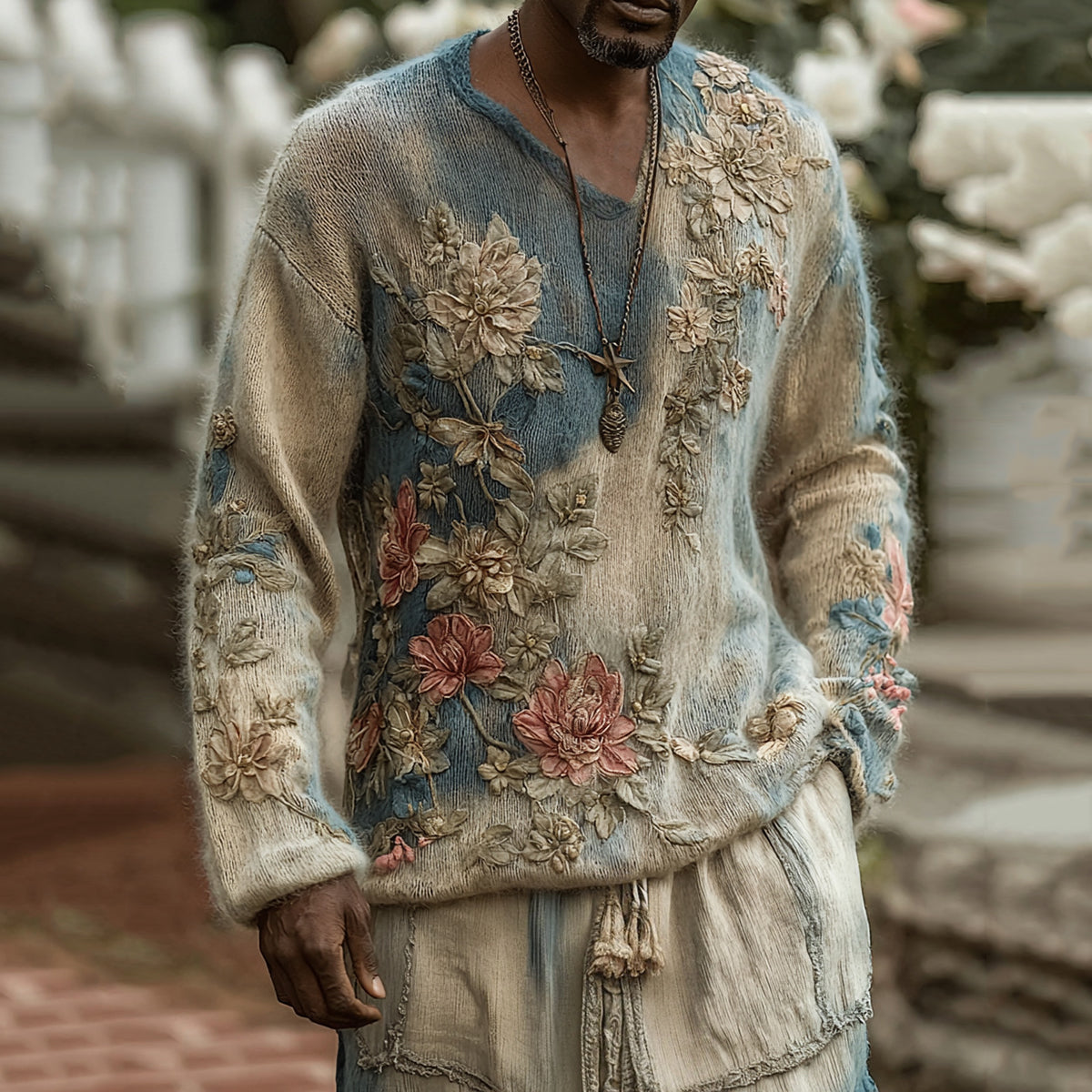 Men's Classic Floral Art Jacquard Thick Warm Turtleneck Sweater elevenforest