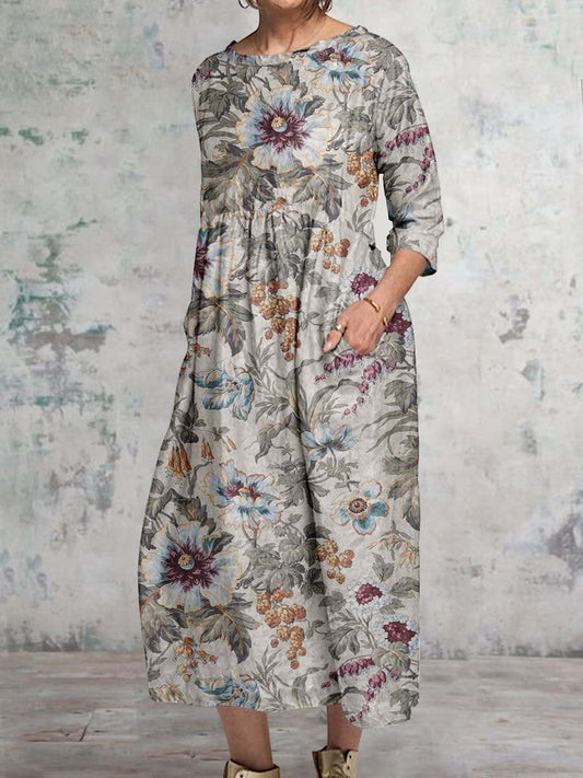 Women's Classic Floral Pattern Round Neck Cotton and Linen Top with Pockets
