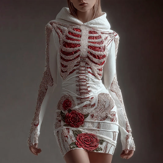Comstylish Women's Skeleton Roses Bandages Sequins Art Cozy Knit Hooded Mini Sweater Dress