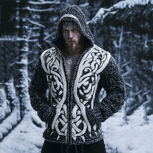 Men's Viking Style Knitted Warm Hooded Cardigan Sweater artswardrobe