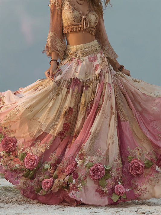 Boho Pink Roses Cottagecore Floral Patchwork Flowy Wide Skirt artswardrobe