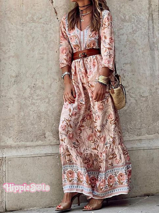 Women's Bohemian Printed Midi V-Neck Dress