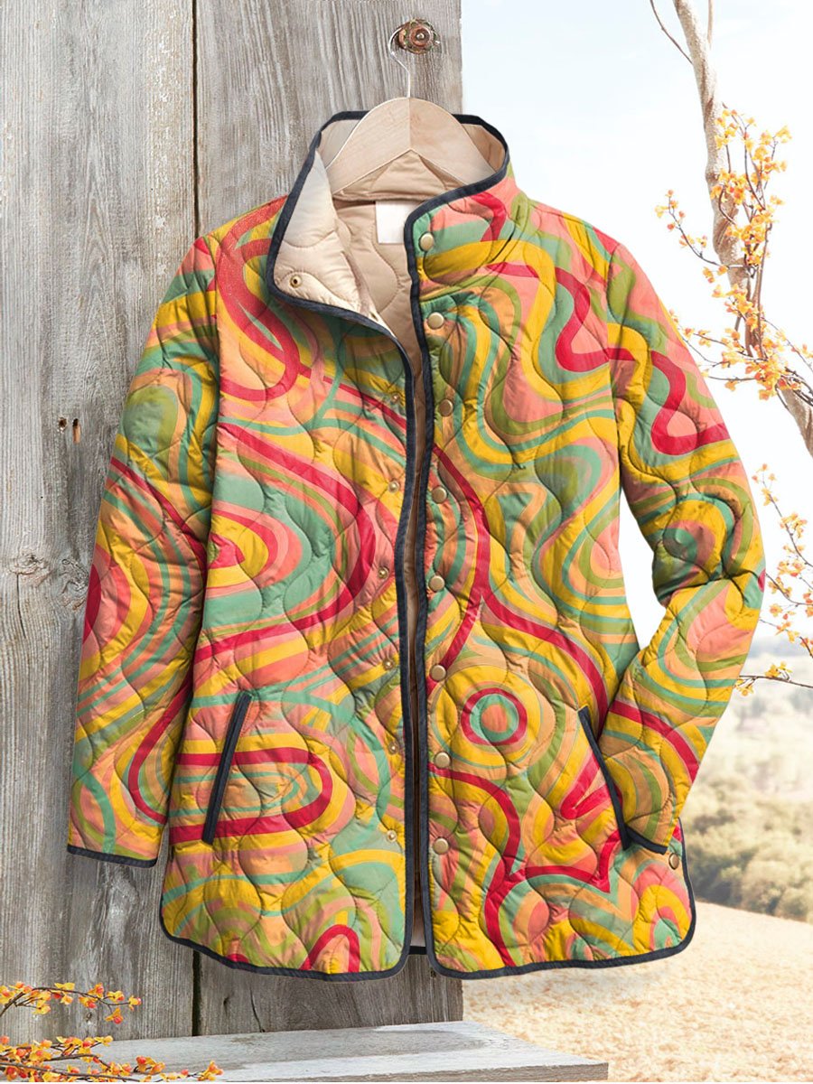 Women's Vintage Striped Art Print Casual Quilted Cardigan