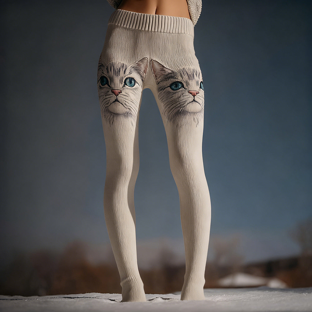 Comstylish Cute Cats Art Pattern Vintage Cozy Knit Leggings