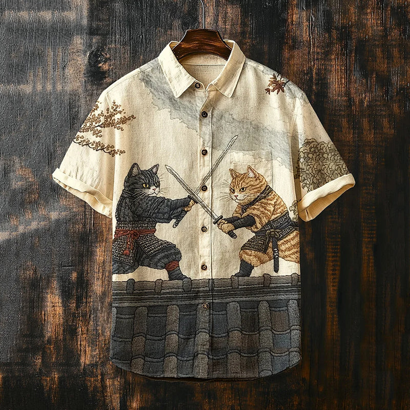 Men's Warrior Cats Battle Art Casual Short Sleeve Shirts elevenforest