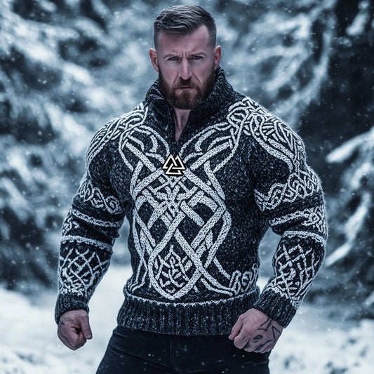 Men's Viking Vegvisir Runes Celtic Knot Half-zip Turtleneck Sweater elevenforest