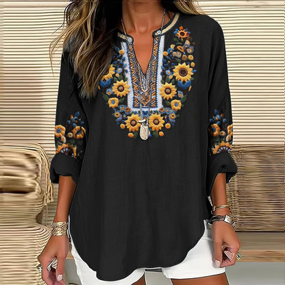 Comstylish Women's Ukraine Sunflower Embroidery Art V-neck Casual Linen Blend Blouse