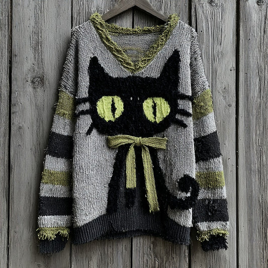 Halloween Black Cat Striped Knit V-neck Sweater elevenforest