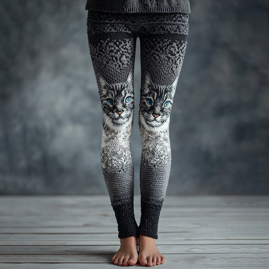 Comstylish Women's Cat Face Embroidered Cozy Knit Leggings